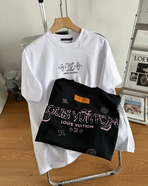 Premium Qualität Louis Vuitton Kurzarm Schwarz Baumwolle Casual Luxury
