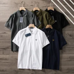 Hochwertige Fred Perry Kurzarmhemden Schwarz Baumwolle Casual Style