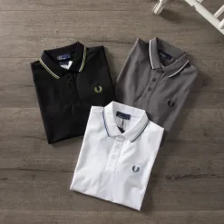 Premium Qualität Fred Perry Kurzarmhemden Navy Baumwolle Klassisch Luxus