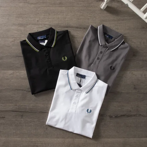 Premium Qualität Fred Perry Kurzarmhemden Navy Baumwolle Klassisch Luxus