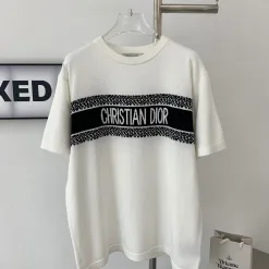 Premium Dior Kurzarm Weißer Strick Jacquard Stil