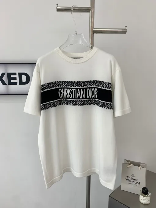Premium Dior Kurzarm Weißer Strick Jacquard Stil