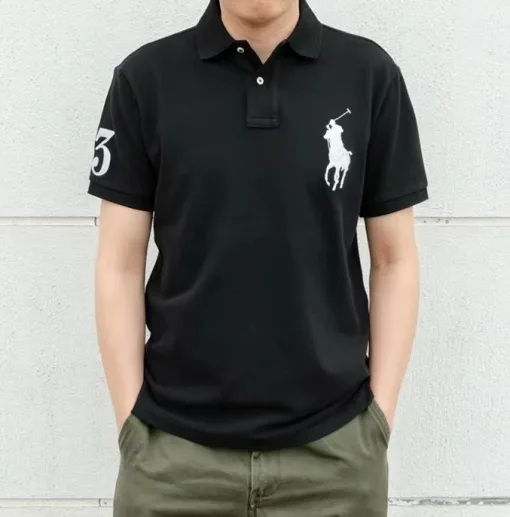 Luxus Ralph Lauren Kurzarm-T-Shirts Schwarz Baumwolle Bestickt Luxus