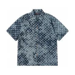 Hochwertiges Louis Vuitton Kurzarmhemd Blue Denim Print Luxus