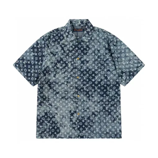 Hochwertiges Louis Vuitton Kurzarmhemd Blue Denim Print Luxus