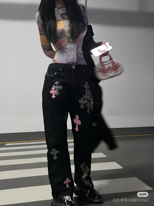 Hochwertige Chrome Hearts Jeans Pink Leder Vintage Luxus