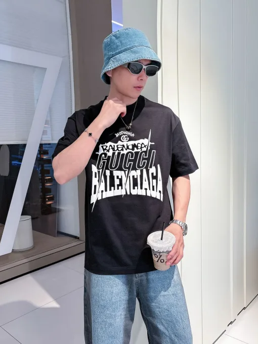 Premium Qualität Gucci Kurzarm Schwarz Baumwolle Druck Luxus
