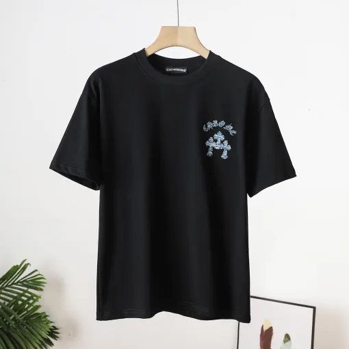 Meistverkaufte Chrome Hearts Kurzarm Schwarz Denim Strass Stil