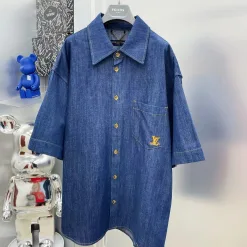 Premium Louis Vuitton Kurzarm Denim Bestickt Luxus