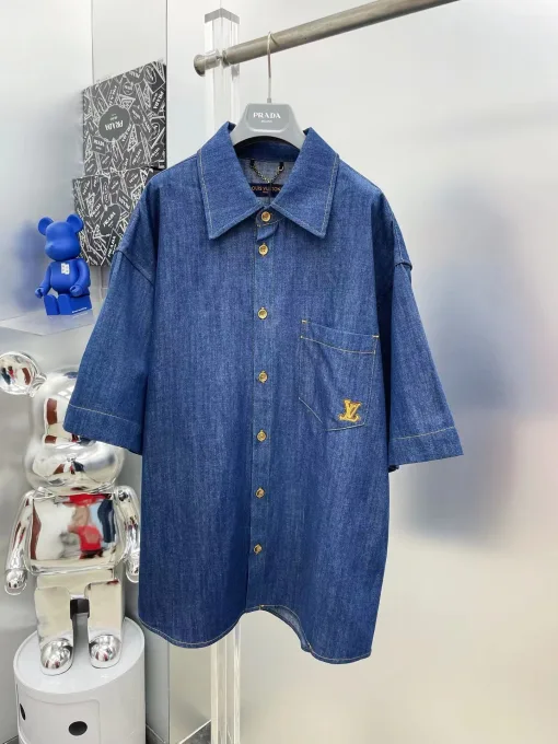Premium Louis Vuitton Kurzarm Denim Bestickt Luxus