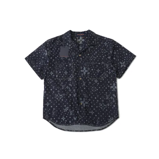 Premium Louis Vuitton Kurzarmhemd im Denim-Monogramm-Stil