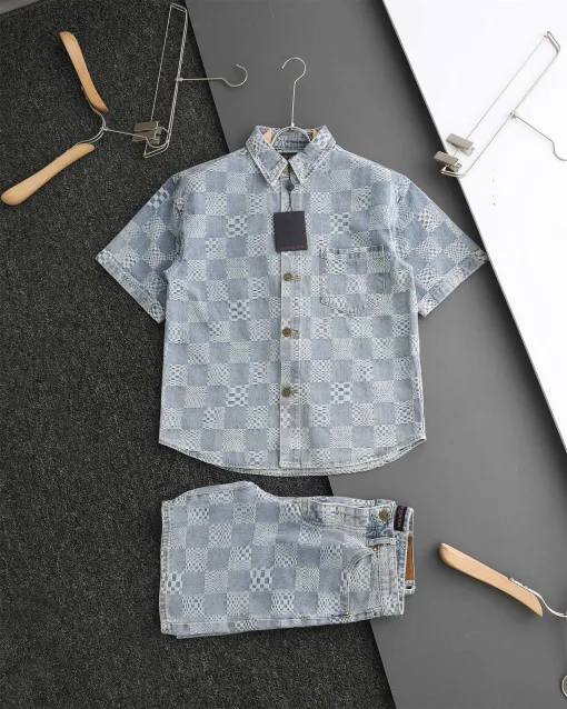Hochwertiges Louis Vuitton Kurzarmhemd Denim Logo Luxus