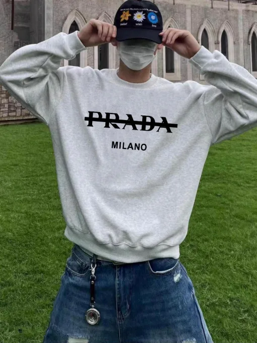 Hochwertige Prada Sweatshirts Schwarz Fleece Logo Luxus