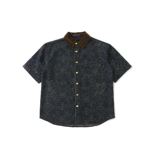 Hochwertiger Louis Vuitton Kurzarm Gold Denim bestickt Stil