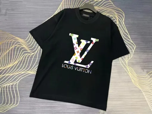 Premium Louis Vuitton Kurzarm-Logo-Kollektion aus schwarzer Baumwolle