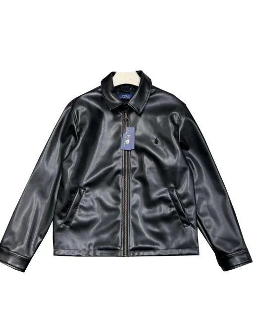 Luxus Ralph Lauren Langarm Schwarz Leder Solid Style