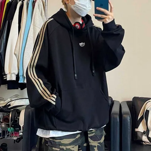 Premium Adidas Sweatshirts Schwarz Baumwolle Streifen Luxus