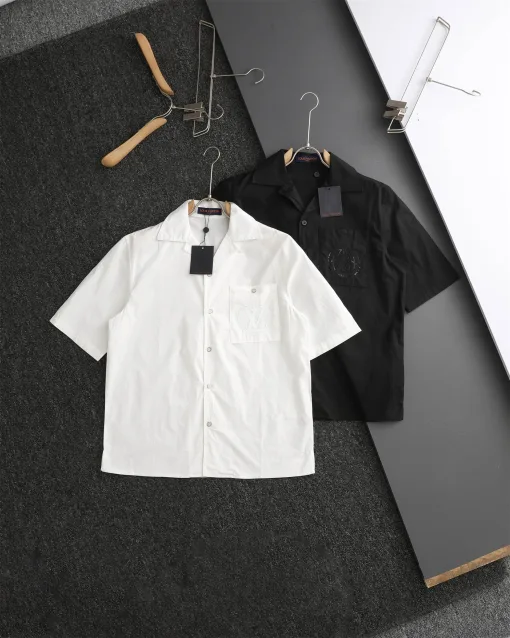 Premium Louis Vuitton Kurzarm Weiß Baumwolle Bestickt Luxus