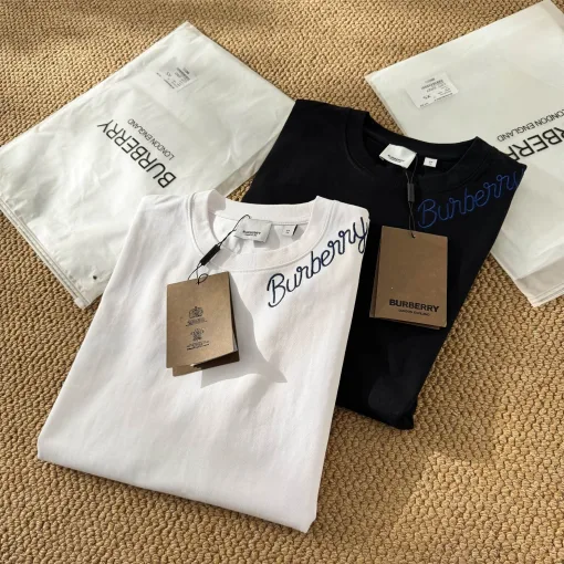 Hochwertiges Burberry Kurzarmhemd Blau Baumwolle Bestickt Luxus