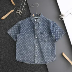 Hochwertiges Louis Vuitton Kurzarmhemd Blue Jacquard Collection