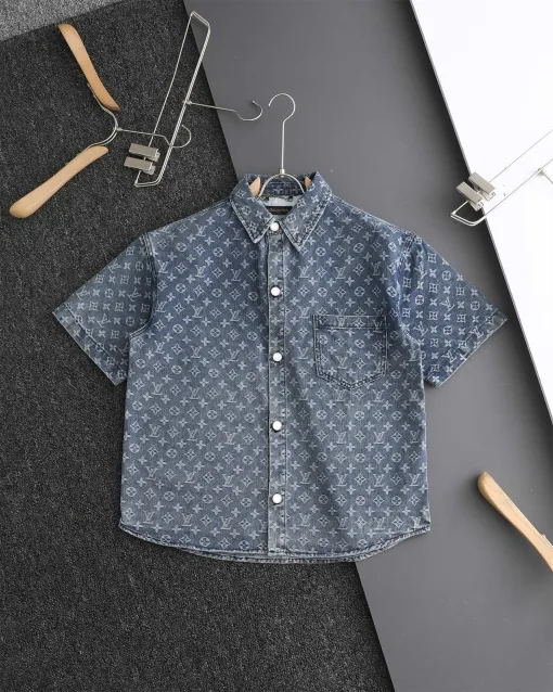 Hochwertiges Louis Vuitton Kurzarmhemd Blue Jacquard Collection