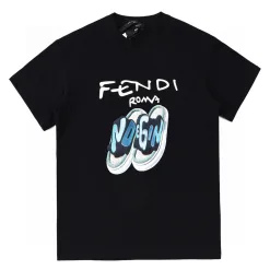 Luxus Fendi Kurzarm-T-Shirt Schwarz Baumwolle Print Luxus
