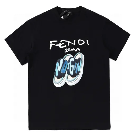 Luxus Fendi Kurzarm-T-Shirt Schwarz Baumwolle Print Luxus