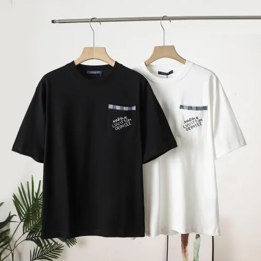 Meistverkaufte Louis Vuitton Kurzarm Schwarz Baumwolle bestickt Stil