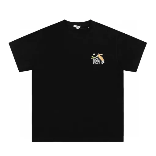 Premium Qualität Loewe Kurzarm Schwarz Baumwolle Bestickt Stil