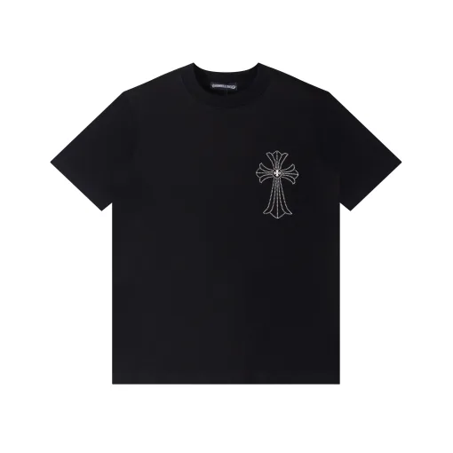 Luxus Chrome Hearts Kurzarm Schwarz Baumwolle Strass Stil