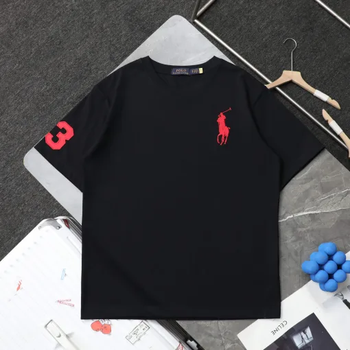 Hochwertiges Ralph Lauren Kurzarm-Shirt im schwarzen bestickten Stil