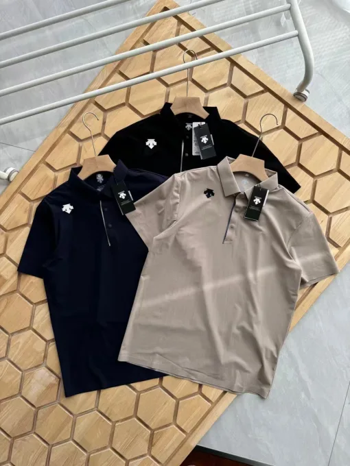 Luxuriöses Descente-Poloshirt aus schwarzer Seide, atmungsaktiver Stil