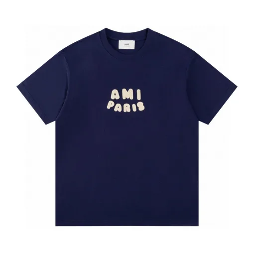 Hochwertige Ami Kurzarm Navy Baumwolle Logo Kollektion