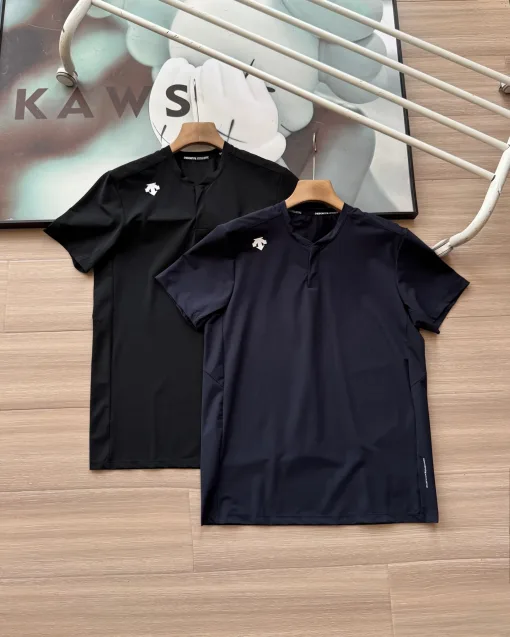 Premium Descente Kurzarmhemden Schwarze Seide Casual Style
