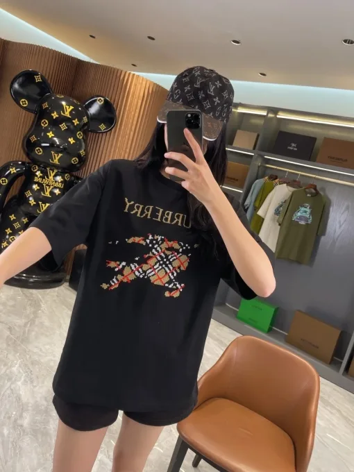 Luxus Burberry Kurzarm Schwarz Baumwolle Logo Stil