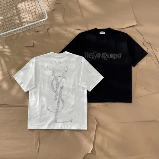 Meistverkaufte Yves Saint Laurent Kurzarm Schwarz Baumwolle Strass Luxus