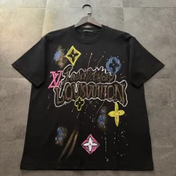 Hochwertige Louis Vuitton Kurzarm Schwarz Baumwolle Logo Luxus