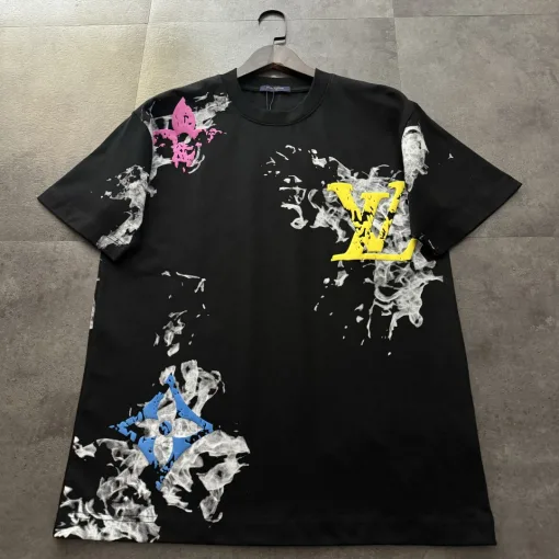 Luxus Louis Vuitton Kurzarm Schwarz Baumwolle Print Stil