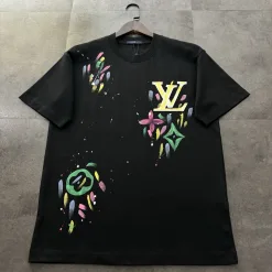 Premium Qualität Louis Vuitton Kurzarm Schwarz Baumwolle Bestickt Luxus