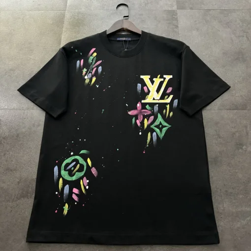 Premium Qualität Louis Vuitton Kurzarm Schwarz Baumwolle Bestickt Luxus