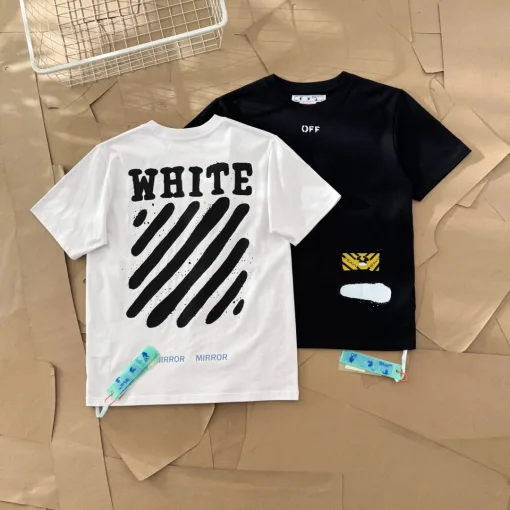 Premium Qualität Off-White Kurzarm Weiß Baumwolle Gestreift Luxus