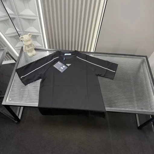 Luxus Prada Kurzarm Schwarz Baumwolle Logo Luxus