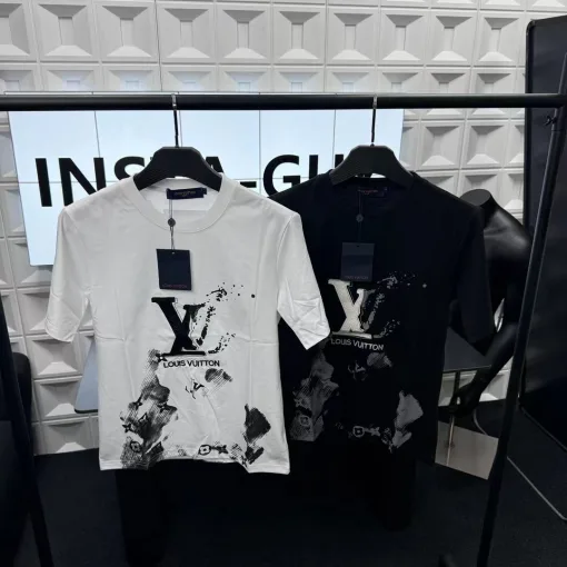 Premium Louis Vuitton Kurzarm Schwarz Bestickte Kollektion