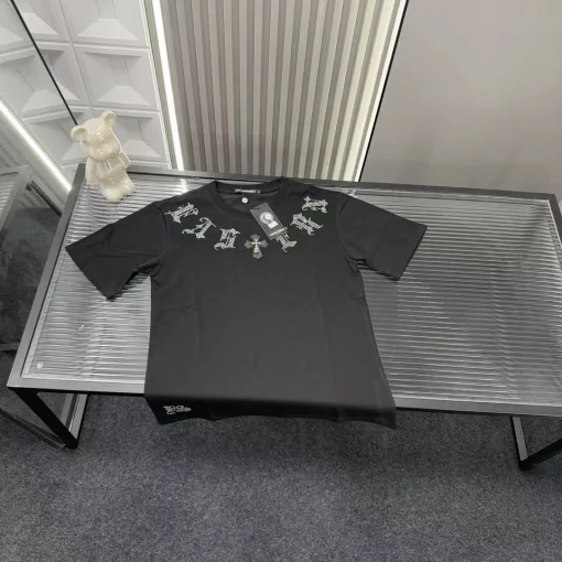 Meistverkaufte Chrome Hearts Kurzarm Schwarz Leder Strass Stil