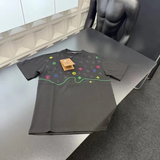Hochwertige Louis Vuitton Kurzarm Schwarz Logo Luxus