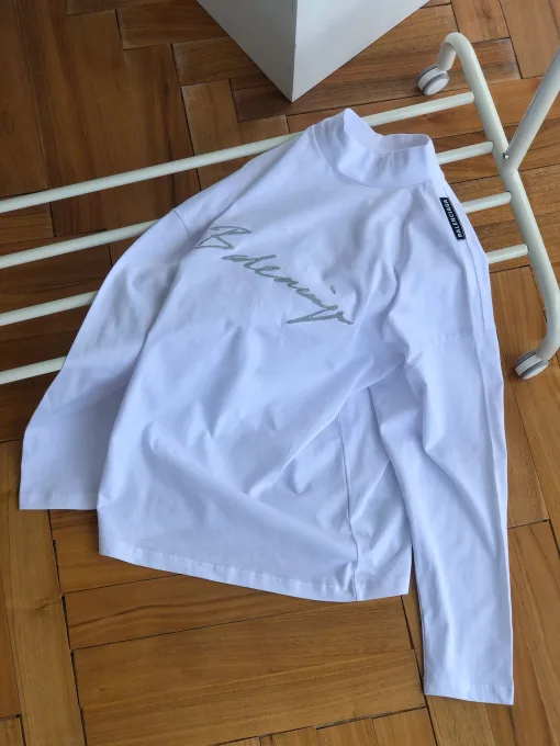 Hochwertiger Balenciaga Langarmshirt aus silberner Baumwolle mit Stickerei