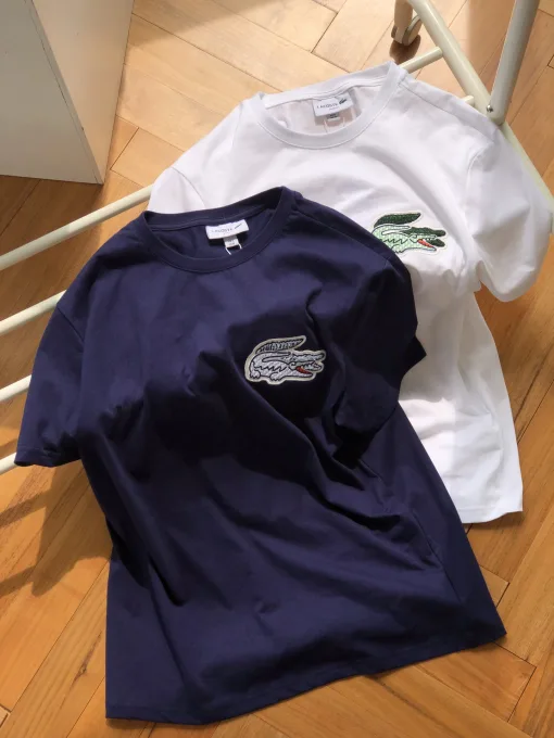Luxus Lacoste Kurzarm Weiß Baumwolle Stickerei Stil