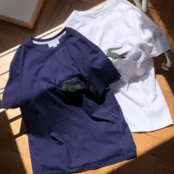 Hochwertige Lacoste Kurzarm Weiß Baumwolle Stickerei Luxus