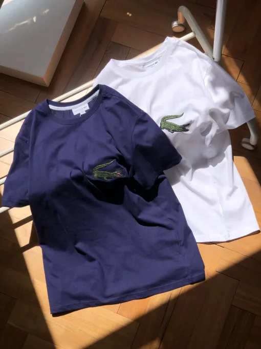 Hochwertige Lacoste Kurzarm Weiß Baumwolle Stickerei Luxus