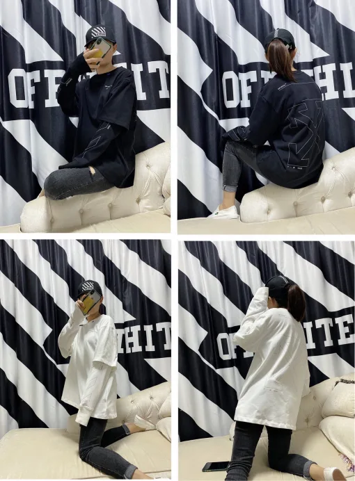 Premium Off-White Langarmshirt aus weißer Baumwolle im klassischen Stil